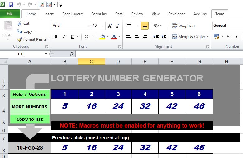 Picture of lottery numbers workbook